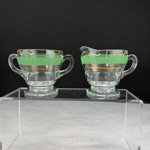 Vintage Mid Century Kent Glass Green Band Creamer Sugar Set